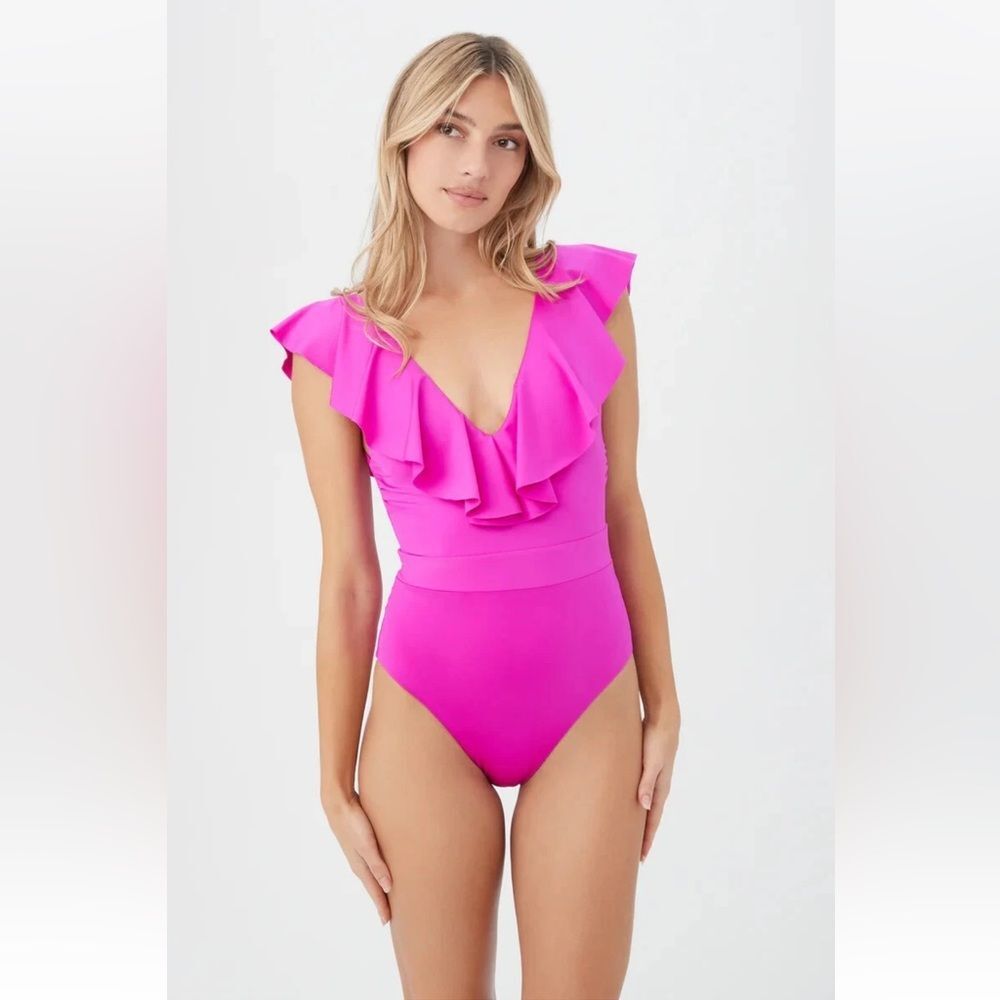 Trina Turk Atlas Ruffle Plunge Fuchsia Pink One Piece Swimsuit Bathing Suit 12